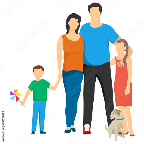 Happy, young family. Happy family with a dog isolated on white. Vector, cartoon illustration of a big and happy family. Mom, dad, son, daughter and dog.