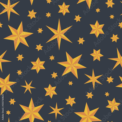 Vector seamless pattern with orange origami stars on dark grey background. Fun ditsy star print  constellations and twinkle lights.