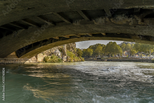 Kura River, Tbilisi city view from boat ride on the Kura River photo