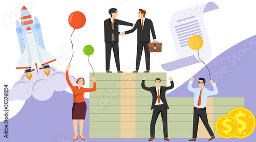 Successful deal, the deal, partnership, cooperation. Businessmen made a deal, two men shake hands with each other. Mutually beneficial partnership. Vector, cartoon illustration.