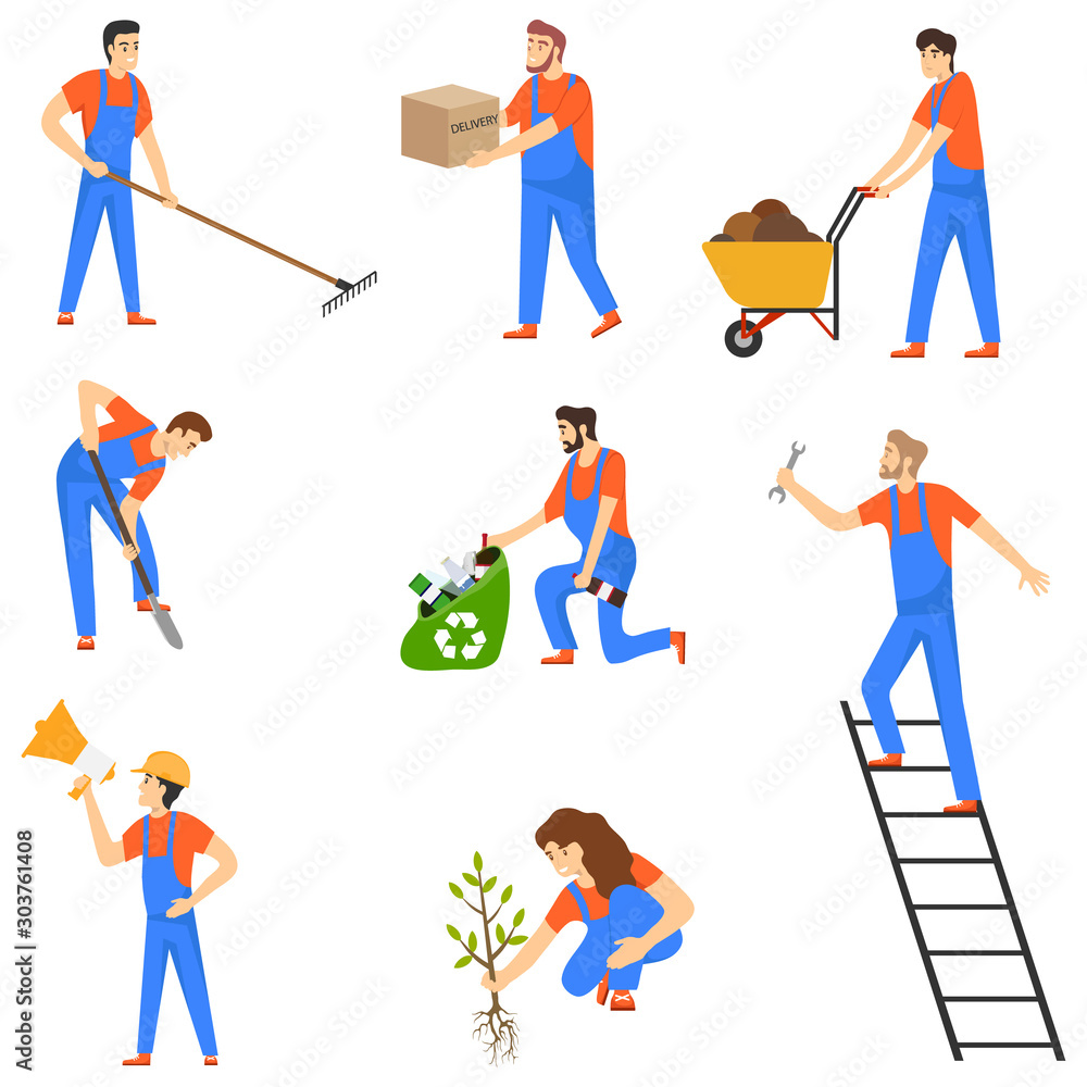 Workers in uniform. Set of workers, men and women in various poses in blue overalls. Vector, cartoon illustration of people in working uniforms.