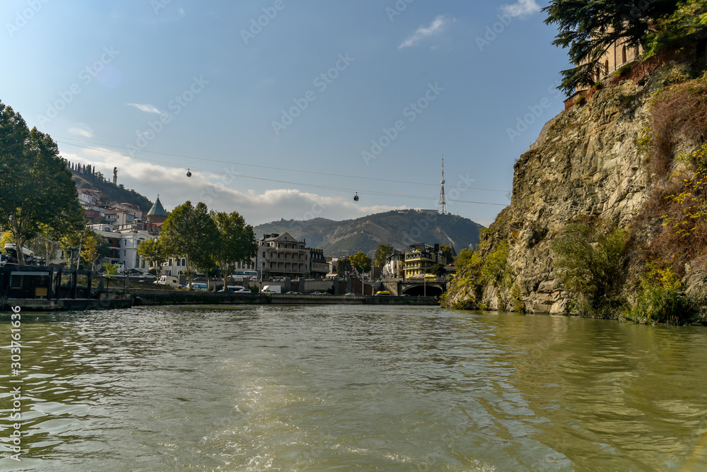 Kura River, Tbilisi city view from boat ride on the Kura River