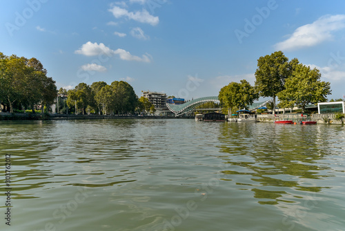 Kura River, Tbilisi city view from boat ride on the Kura River photo