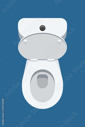 Top view of toilet bowl with open lid isolated on blue background. Vector illustration