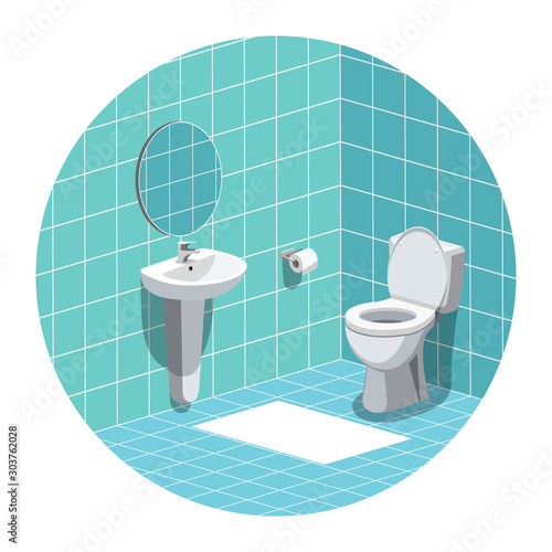 Washroom interior with wash basin, mirror, toilet bowl and toilet paper. Vector illustration