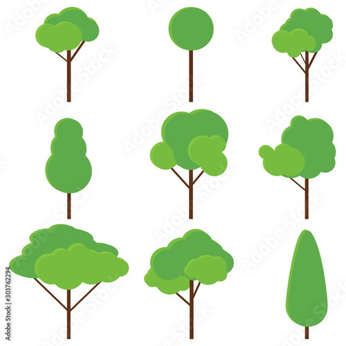Trees  set of green realistic trees. Vector  cartoon illustration of green trees isolated on white.