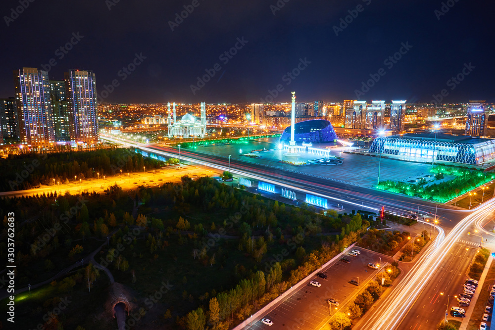 Evening view of the city of Nur Sultan. Nur-Sultan is the capital of Kazakhstan. Center of the Nur-Sultan city.