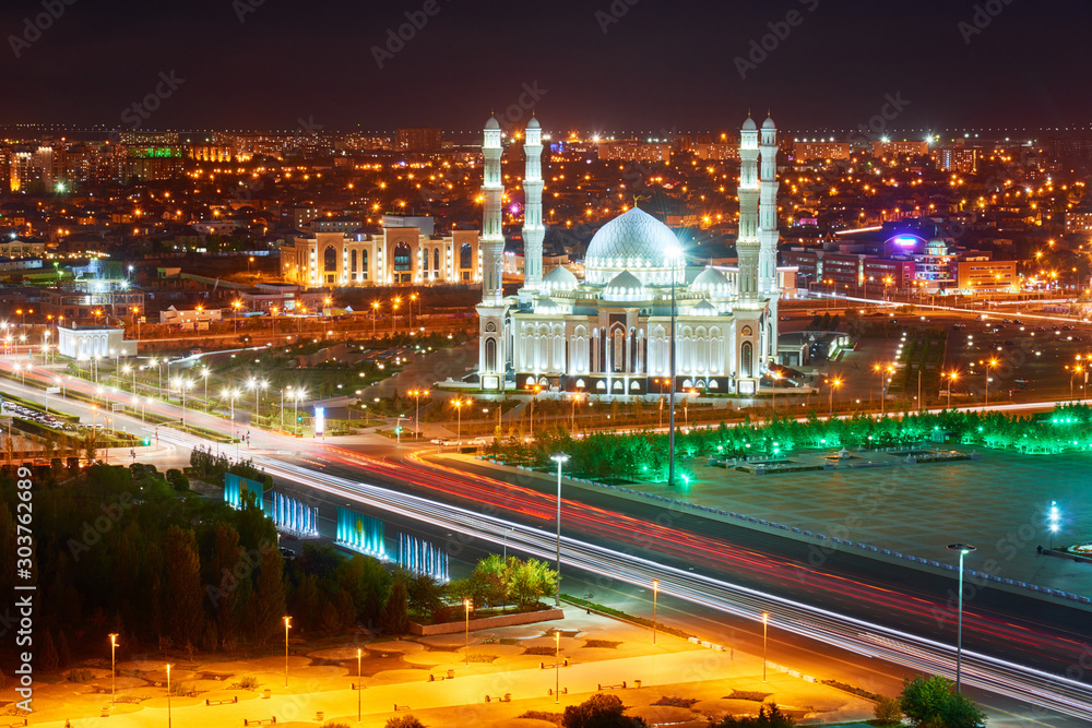 Evening view of the city of Nur Sultan. Nur-Sultan is the capital of Kazakhstan. Center of the Nur-Sultan city. Evening view of the city of Nur Sultan. Nur-Sultan is the capital of Kazakhstan. Center of the Nur-Sultan city.