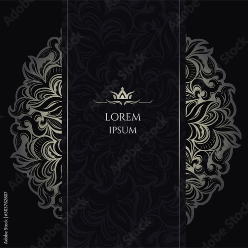 Mandala Luxury Background, ornament template for wedding invitation, book cover, flyer, menu, brochure, postcard, background, wallpaper, decoration, silver and black