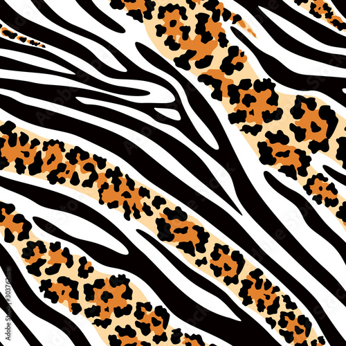 Zebra and leopard pattern mix. Wild animal print seamless background. Vector illustration.