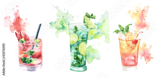Three fruit cocktail with splashes of watercolor