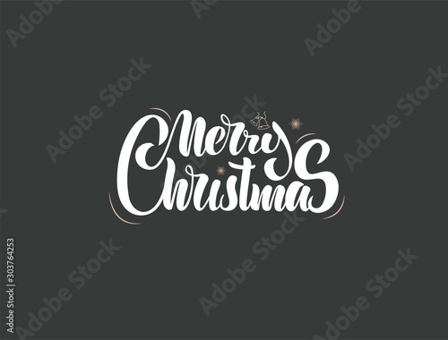 Merry Christmas inscription calligraphic lettering design. Congratulation. White inscription, golden snowflake and christmas bells. For greeting card, poster, banner, tag, interior design