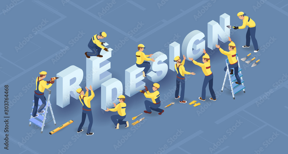 Redesign services. Isometric concept. Team of builders are works. Vector. - obrazy, fototapety, plakaty 