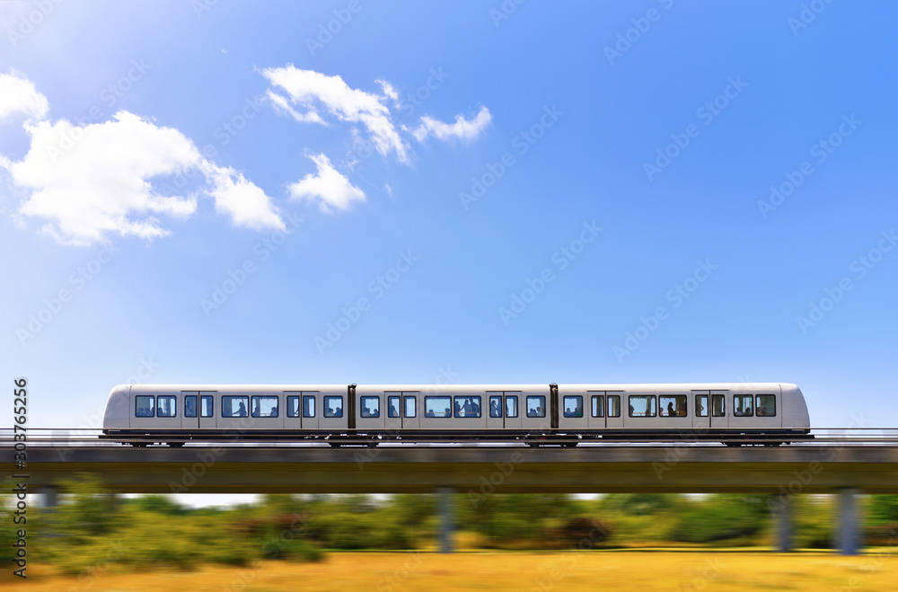 Canvas-taulu Rapid metro train is moving by elevated railway in panning effect photo style