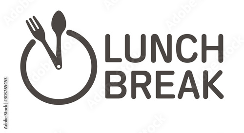 Vector logo clock cutlery with text Lunch break. Isolated on white background.