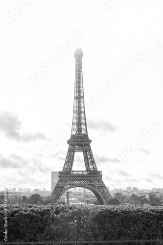 Beautiful view of the Eiffel Tower in a sunny haze. Black and white. Vertical.