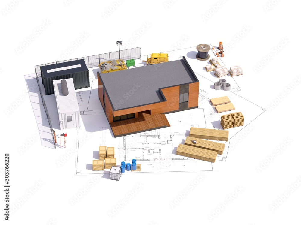 3d render of a modern frame building. The detailed concept of construction with house project and construction props. 3D illustration of the modern house.
