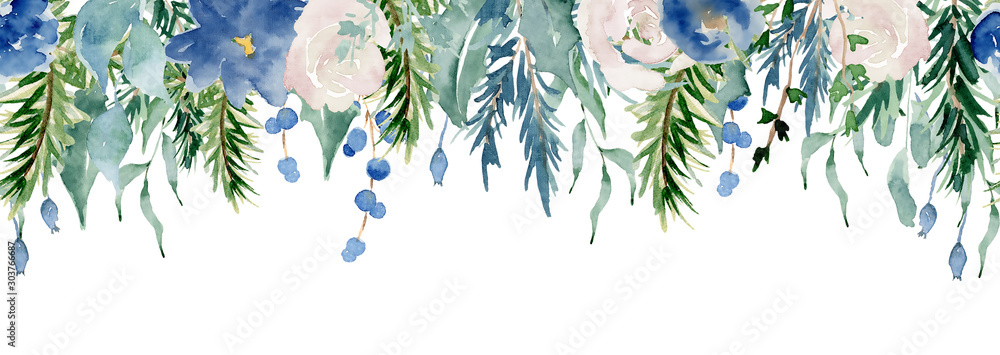 Floral winter seamless border illustration. Christmas Decoration Print Design Template