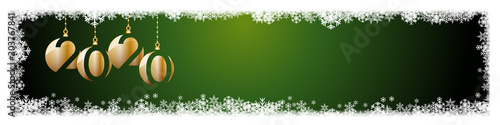 2020 New Year header on green background. Frame made snowfall and ice crystals, banner