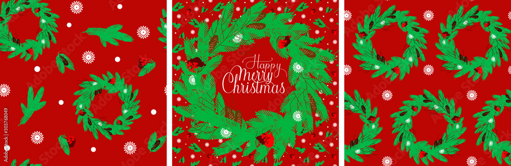 Set of seamless festive patterns and the inscription Merry Christmas. Template with pattern christmas wreaths a red background. Seamless festive vector pattern. Merry christmas. Suitable for decoratio