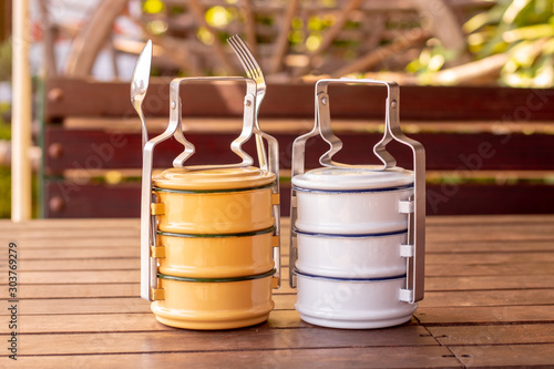 Yellow and white tiffin box  vintage food carrier 