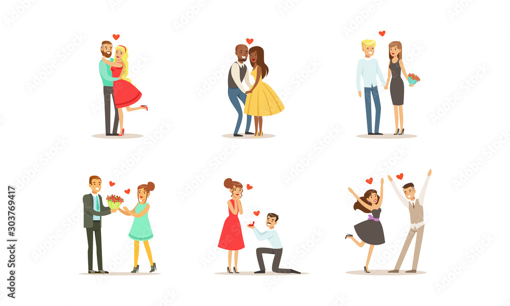 Fototapeta premium Couples On Dates Vector Illustrations Set. Young Man and Woman Embracing Each Other