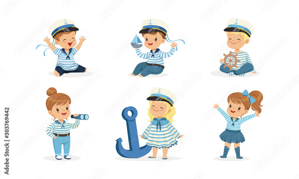 Cute Little Kid Characters Wearing Mariner Uniform Vector Illustrations Set
