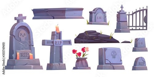 Cemetery set, graveyard tombstone, cracked stone cross with rip signature and extinguished candle, metal gate, ancient mausoleum tomb isolated on white background Cartoon vector illustration, clip art