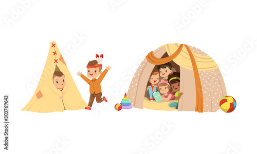 Little Children Sitting and Playing in Handmade Tent At Home Vector Set