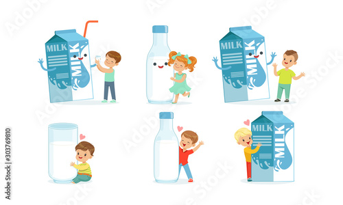 Little Children Having Fun with Big Carton of Milk Vector Set