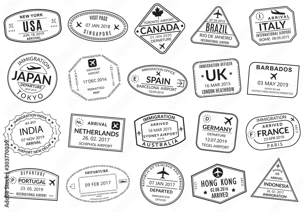 Passport stamp set. Visa stamps for travel. International airport sign. Immigration, arrival and departure symbols with different cities and countries. Vector illustration.