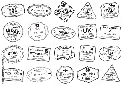 Passport stamp set. Visa stamps for travel. International airport sign. Immigration, arrival and departure symbols with different cities and countries. Vector illustration. photo