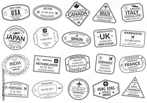 Passport stamp set. Visa stamps for travel. International airport sign. Immigration, arrival and departure symbols with different cities and countries. Vector illustration.