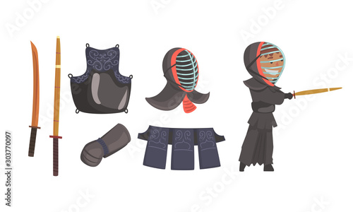 Kendo Attributes Vector Illustrated Set. Clothing Character Holding Bamboo Sword Ready to Fight
