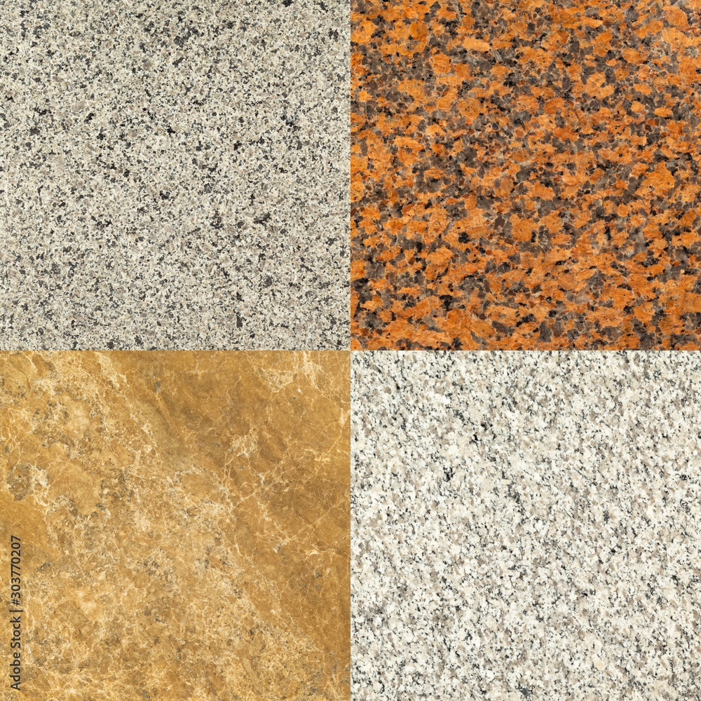 Fototapeta premium Set of natural stone textures. The surface of granite and marble. Close-up.