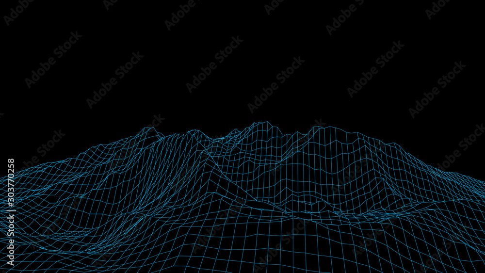 Landscape design of mountains. Wireframe landscape 3d. Vector illustration.
