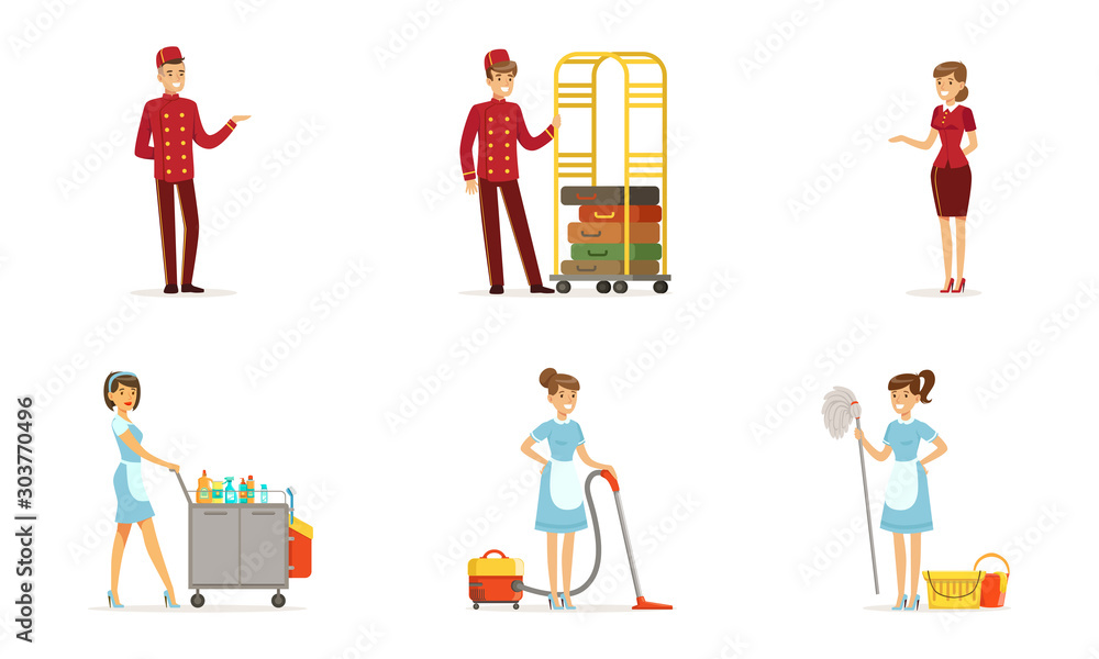 Hotel Staff Vector Set. Man Working as Doorman Hotel Staff Vector Set. Man Working as Doorman