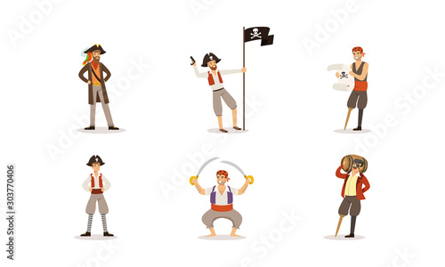 Pirate Characters Posing in Different Situations Vector Illustrations