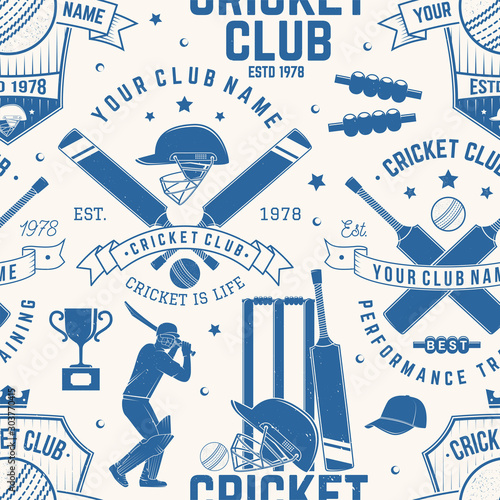 Cricket club seamless pattern or background. Vector. Seamless sport pattern with cricket ball, wicket, bail and helmet silhouette. Cricket sport club texture.