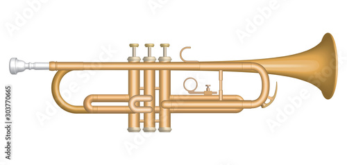 Brass trumpet. Musical instrument. 3D effect vector