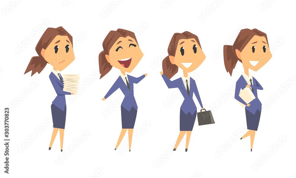 Woman Wearing Office Uniform and Working on Project During the Day Vector Set Woman Wearing Office Uniform and Working on Project During the Day Vector Set