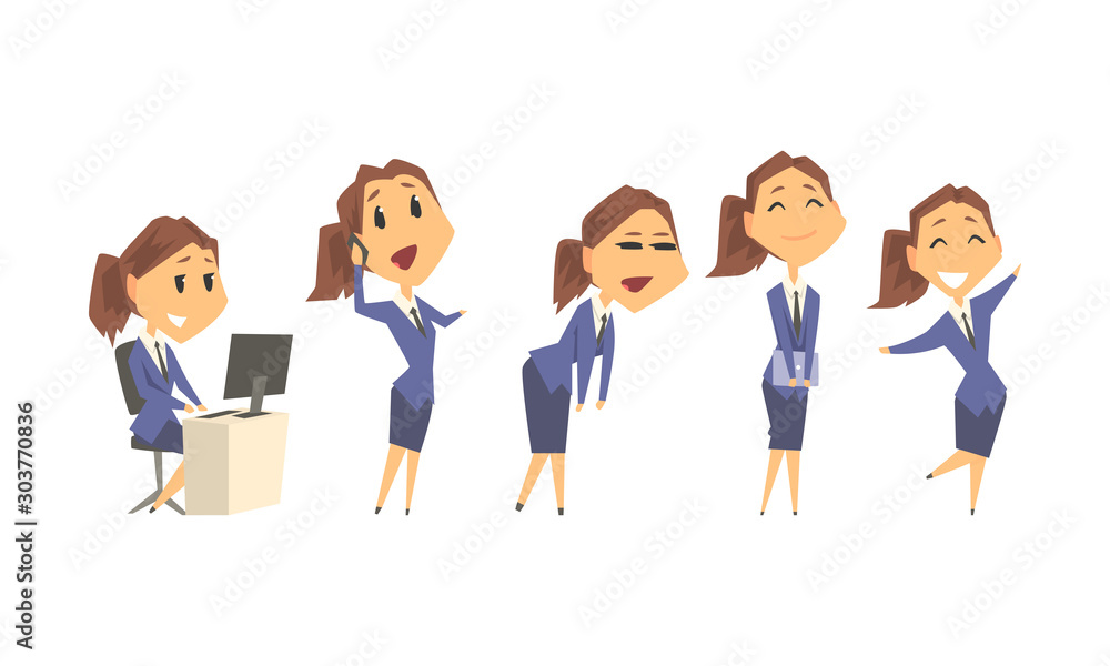 Woman Wearing Office Uniform and Working on Project During the Day Vector Set Woman Wearing Office Uniform and Working on Project During the Day Vector Set