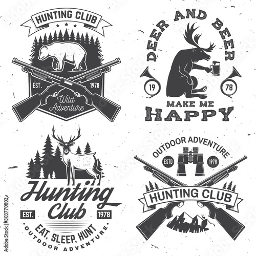 Set of Hunting club badge. Vector Concept for shirt, label, print, stamp. Vintage typography design with hunting gun, binoculars, bear, deer, mountains and forest. Outdoor adventure hunt club emblem