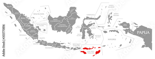 East Nusa Tenggara red highlighted in map of Indonesia photo