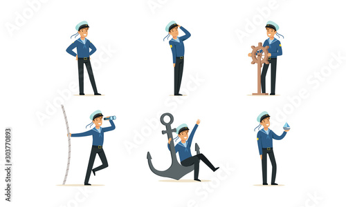 Sailor Character on Board Doing Work Vector Illustrations Set