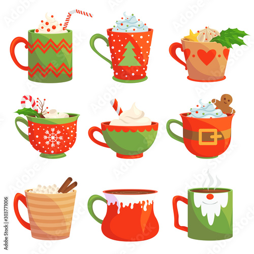Traditional christmas drinks flat vector illustrations set