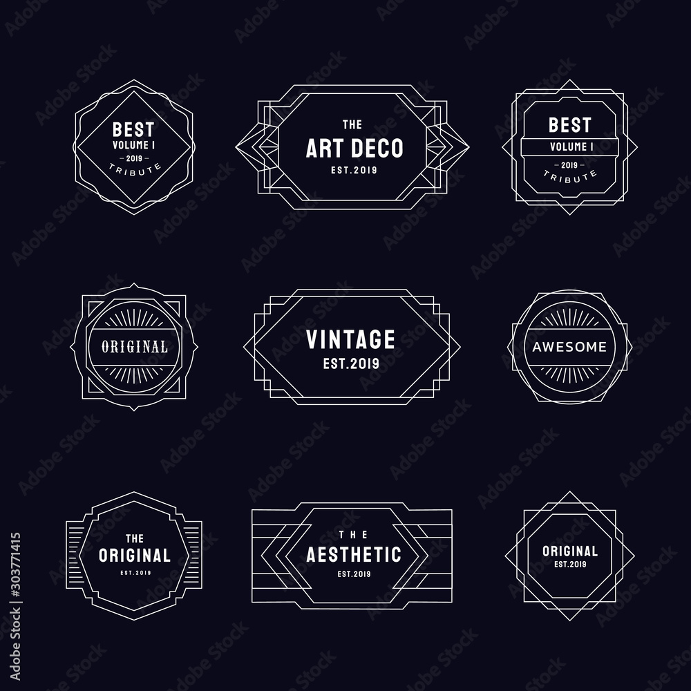 Set of vintage linear thin line geometric shape art deco retro elements with badge design