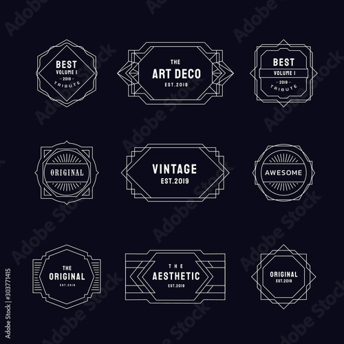 Set of vintage linear thin line geometric shape art deco retro elements with badge design
