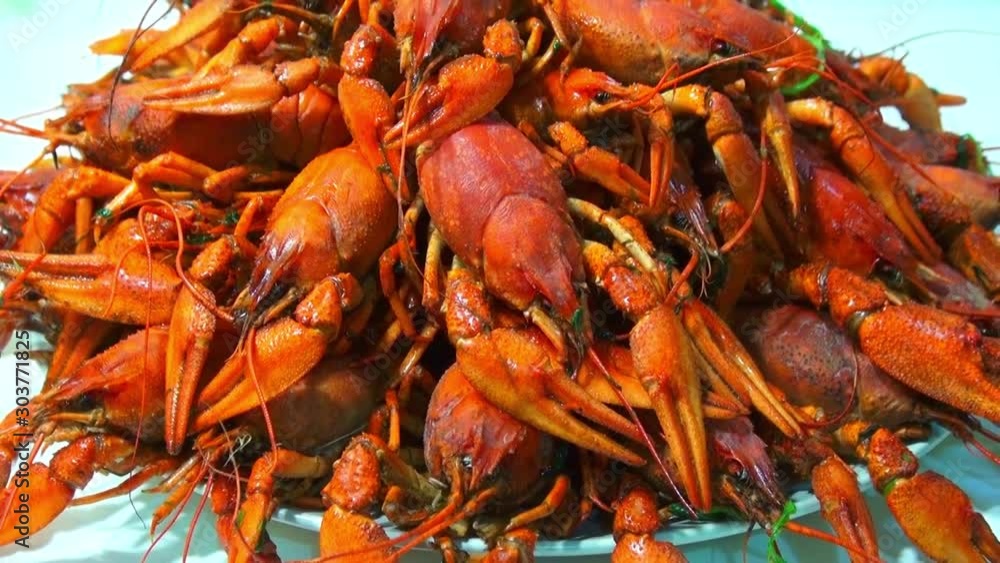 Boiling crayfish at saucepan, closeup