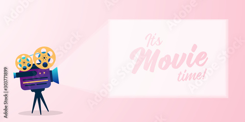 Lovely movie time concept with film projector and text area with sample title in bright colors. Vector illustration.